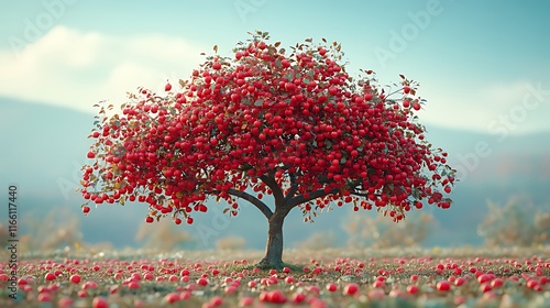 Abundant red apple tree laden with fruit in a field.