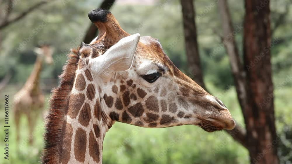 Extreme closeup of wild giraffe turning its head in Kenya. Extreme closeup of wild giraffe turning its head in Kenya.