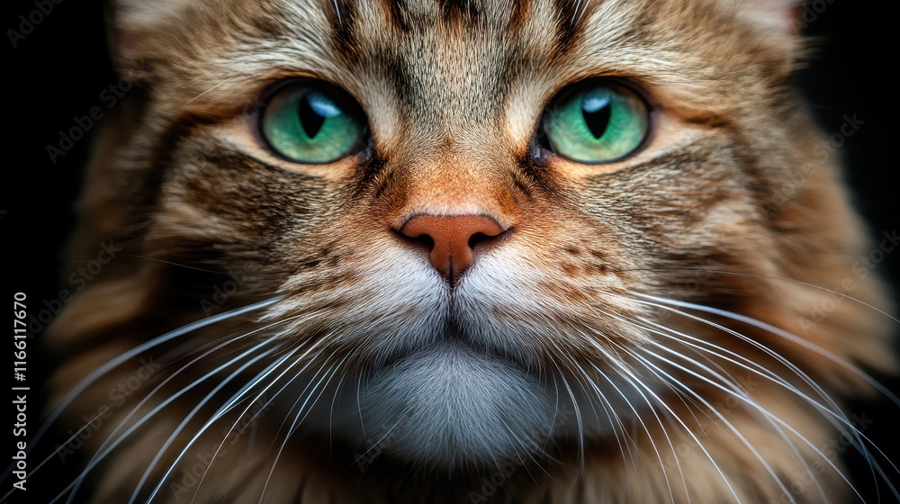 A mesmerizing close-up portrait of a cat featuring stunning green eyes and a rich, patterned fur coat that highlights its beautiful and majestic presence in a striking manner. A mesmerizing close-up portrait of a cat featuring stunning green eyes and a rich, patterned fur coat that highlights its beautiful and majestic presence in a striking manner.