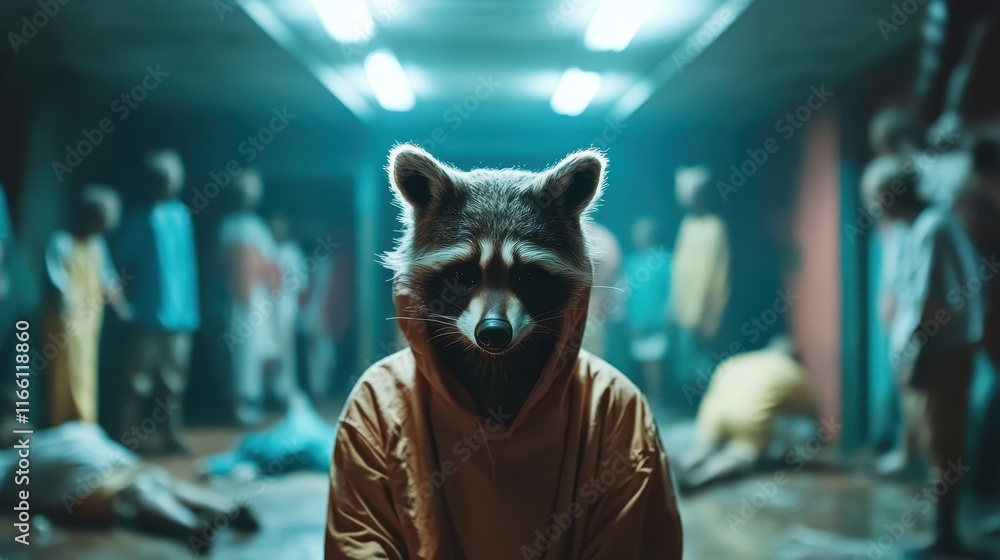 A raccoon-masked figure stands hauntingly alone in a dimly lit room filled with indistinct human shapes, evoking a sense of mystery and solitude against a surreal backdrop. A raccoon-masked figure stands hauntingly alone in a dimly lit room filled with indistinct human shapes, evoking a sense of mystery and solitude against a surreal backdrop.