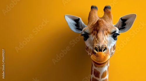 This cheerful giraffe image features a smiling giraffe set against a bright yellow background, symbolizing joy and a playful atmosphere in wildlife photography. photo