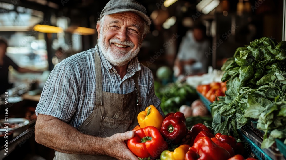 A smiling elderly man proudly displays ripe peppers at his market stall, capturing the essence of community, warmth, and passion for fresh produce in a vibrant setting. A smiling elderly man proudly displays ripe peppers at his market stall, capturing the essence of community, warmth, and passion for fresh produce in a vibrant setting.
