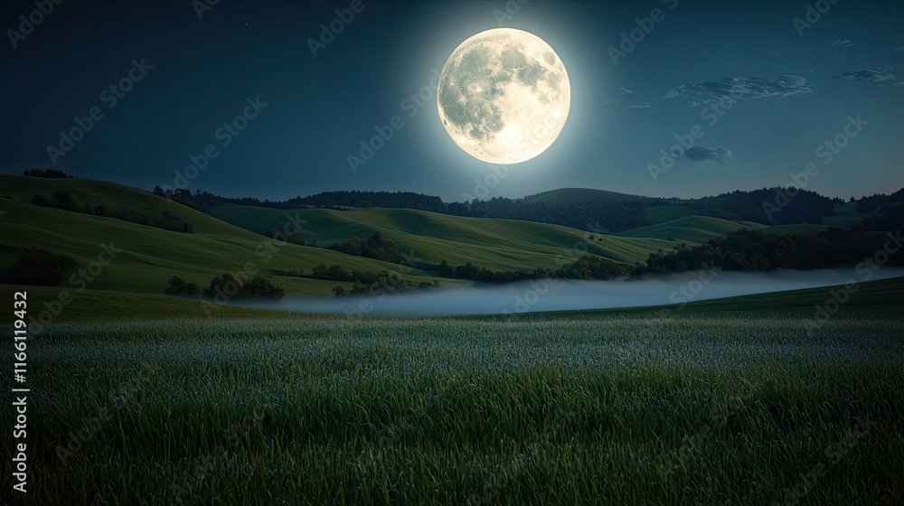 Serene Countryside Landscapes Illuminated by the Full Moon, a realistic photo of rolling hills blanketed with mist under a glowing full moon, with soft light reflecting on dew-covered grass Serene Countryside Landscapes Illuminated by the Full Moon, a realistic photo of rolling hills blanketed with mist under a glowing full moon, with soft light reflecting on dew-covered grass