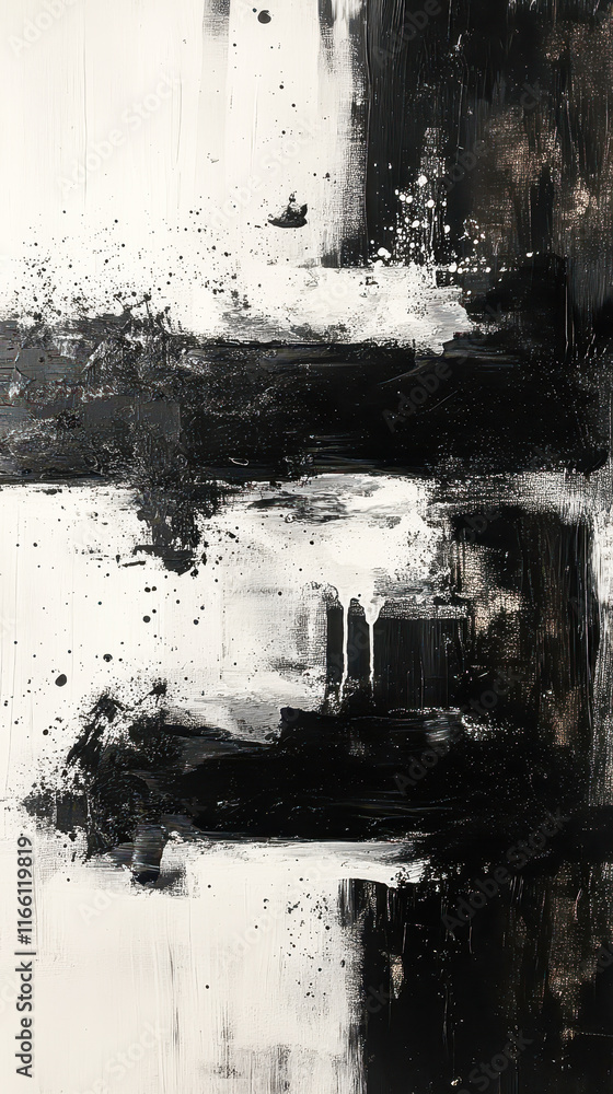 Fototapeta premium Monochrome Abstract Expressionism, Black and White Minimalist Art, Modern Wall Decor, Textured Brush Strokes, Contemporary Design, Vertical Canvas Print, Dynamic Contrast, Fine Art for Interior Design