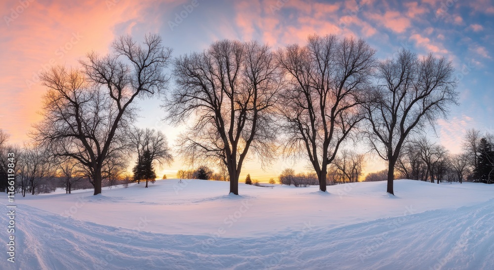 Snowy Winter Landscape at Sunrise with Majestic Trees Against a Colorful Sky and a Peaceful Calm Atmosphere in a Beautiful Natural Setting Snowy Winter Landscape at Sunrise with Majestic Trees Against a Colorful Sky and a Peaceful Calm Atmosphere in a Beautiful Natural Setting