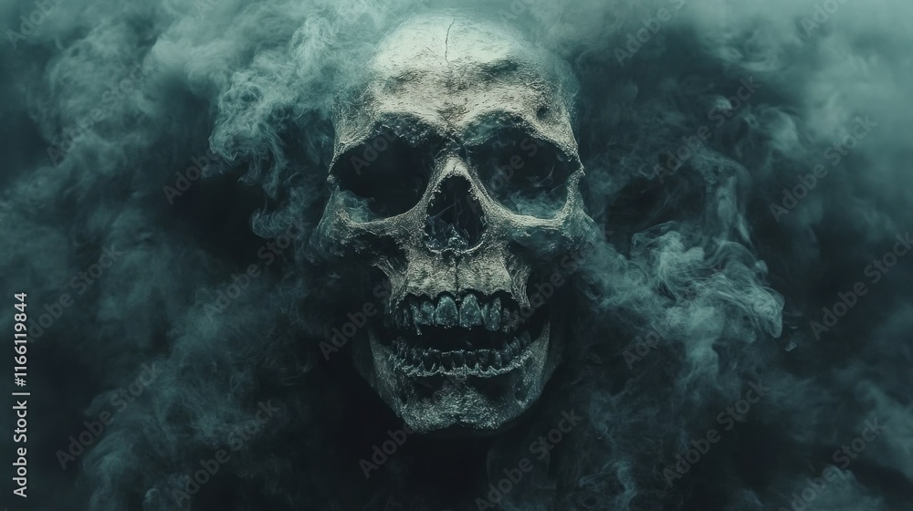 A detailed close-up shot of a human skull shrouded in dark, ethereal smoke, creating a mysterious and haunting atmosphere. A detailed close-up shot of a human skull shrouded in dark, ethereal smoke, creating a mysterious and haunting atmosphere.