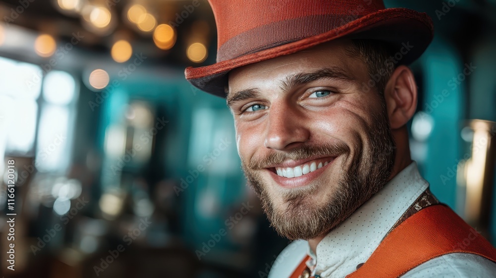 A handsome man with a well-groomed beard and a striking orange hat smiles confidently, capturing an engaging moment in a stylish indoor setting. A handsome man with a well-groomed beard and a striking orange hat smiles confidently, capturing an engaging moment in a stylish indoor setting.