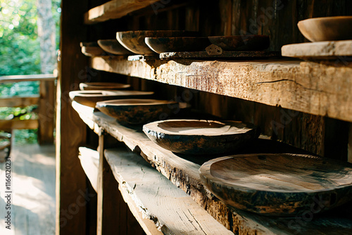 artisanal soap curing rack, rustic wooden shelves in a  workshop space photo