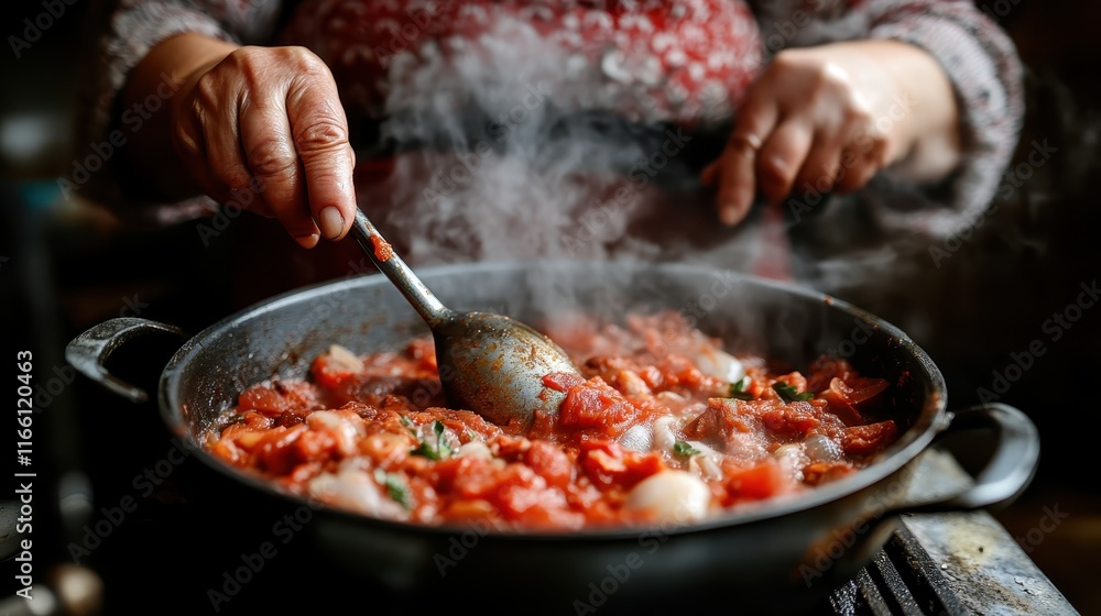 Hands stir a pot of steaming tomato-based dish, showcasing the warmth and love of homemade cooking with fresh, vibrant ingredients and an inviting atmosphere. Hands stir a pot of steaming tomato-based dish, showcasing the warmth and love of homemade cooking with fresh, vibrant ingredients and an inviting atmosphere.