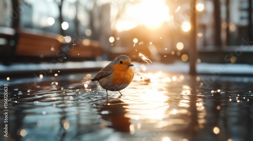 A vibrant bird walking along a reflective wooden surface lit by the golden sunset, portraying the essence of nature's tranquility and captivating beauty. photo