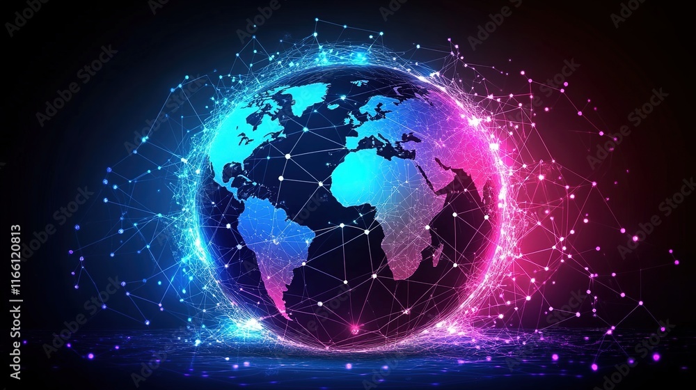 Obraz premium Abstract digital planet Earth with glowing connections and global network concept on a dark background. 