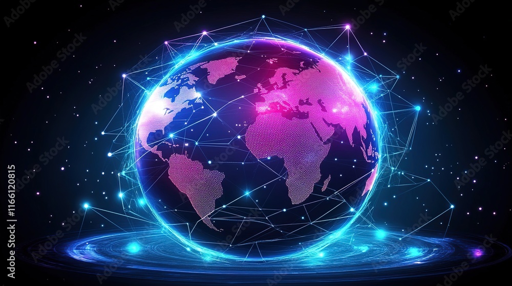 Abstract digital planet Earth with glowing connections and global network concept on a dark background. Abstract digital planet Earth with glowing connections and global network concept on a dark background.