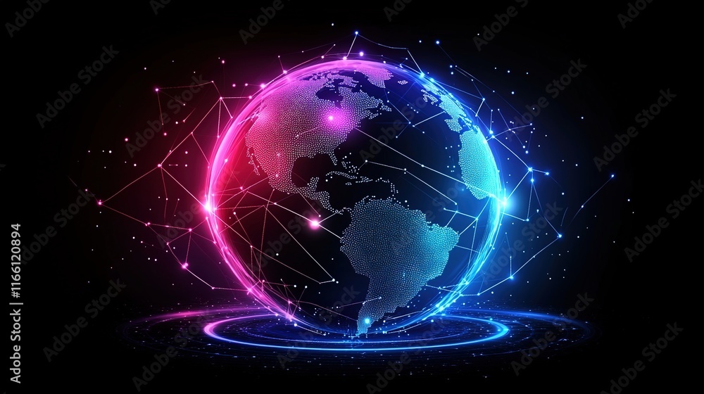 Obraz premium Abstract digital planet Earth with glowing connections and global network concept on a dark background. 