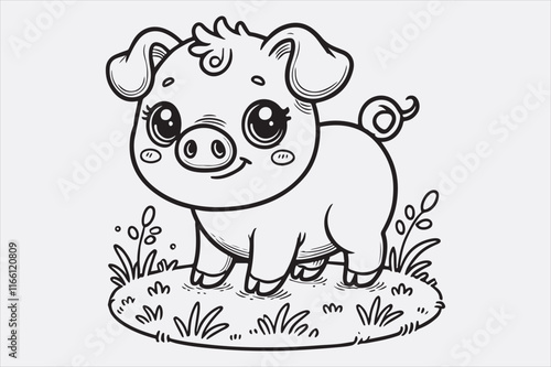 A line art illustration of a happy pig standing on grass.