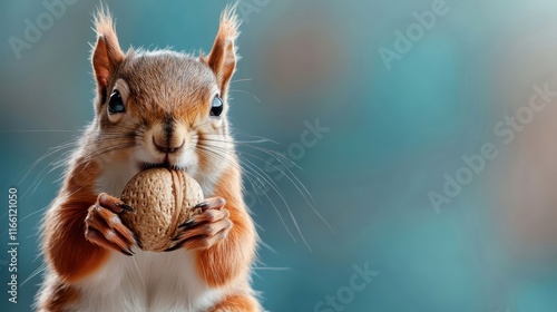 A close-up of a squirrel grasping a nut, its focused expression exemplifying curiosity and charm, captured in a soft, colorful background of nature's beauty. photo