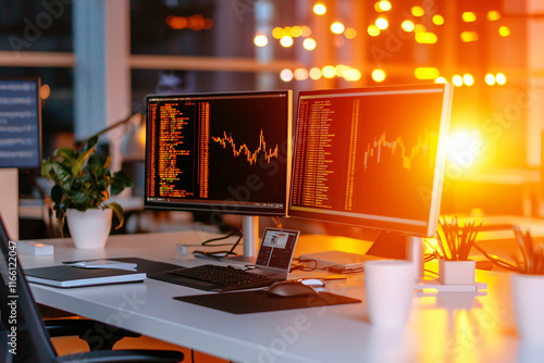 cryptocurrency trading desk setup, LED monitors glow  photo