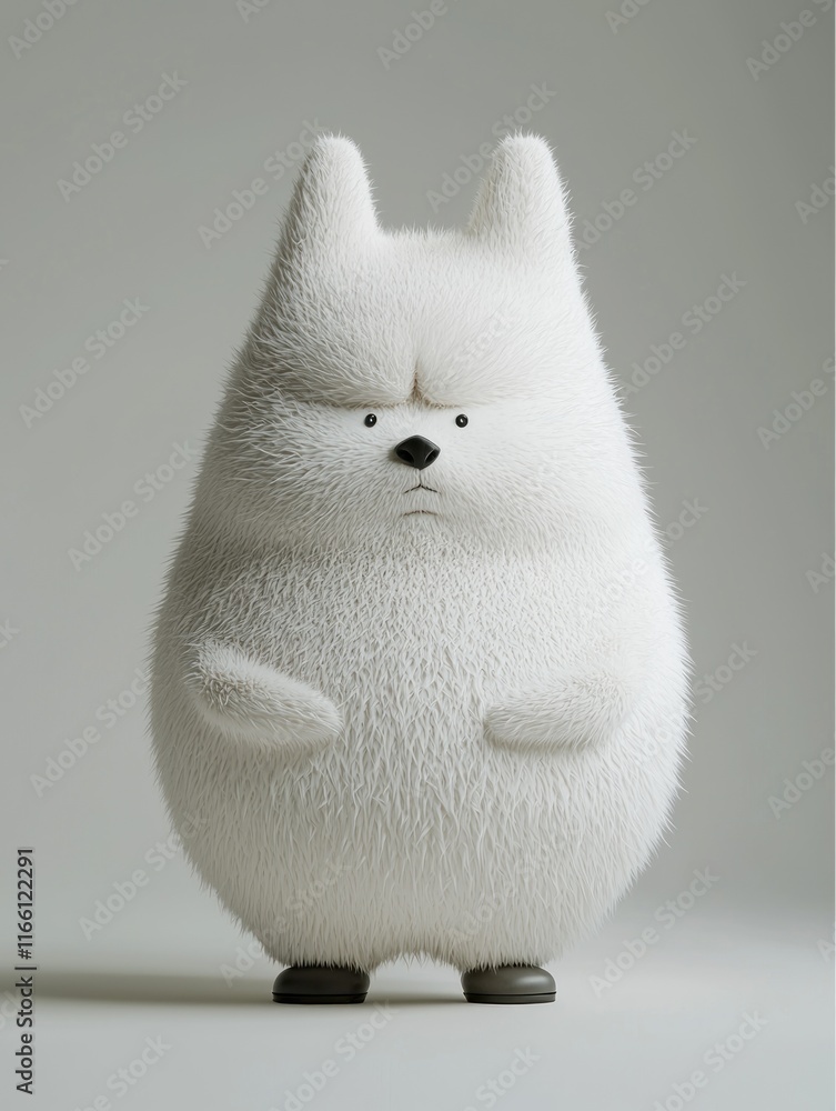 A fluffy, white, cartoon-like creature with a grumpy expression stands against a light gray background. A fluffy, white, cartoon-like creature with a grumpy expression stands against a light gray background.