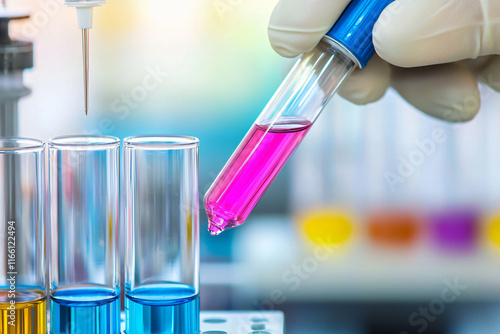 doctor with pink toxic liquid in lab tubes photo