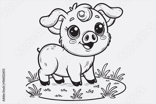 A line art illustration of a happy pig standing on grass.