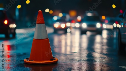 Urban Night Scene with Traffic Control Cone photo