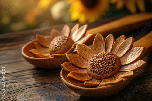 Hand carved wooden spoons shaped like sunflowers  resting on a dark wooden surface. photo