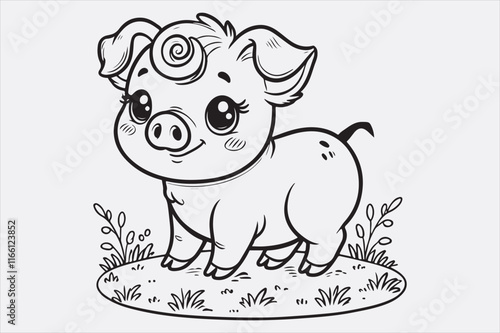 A line art illustration of a happy pig standing on grass.