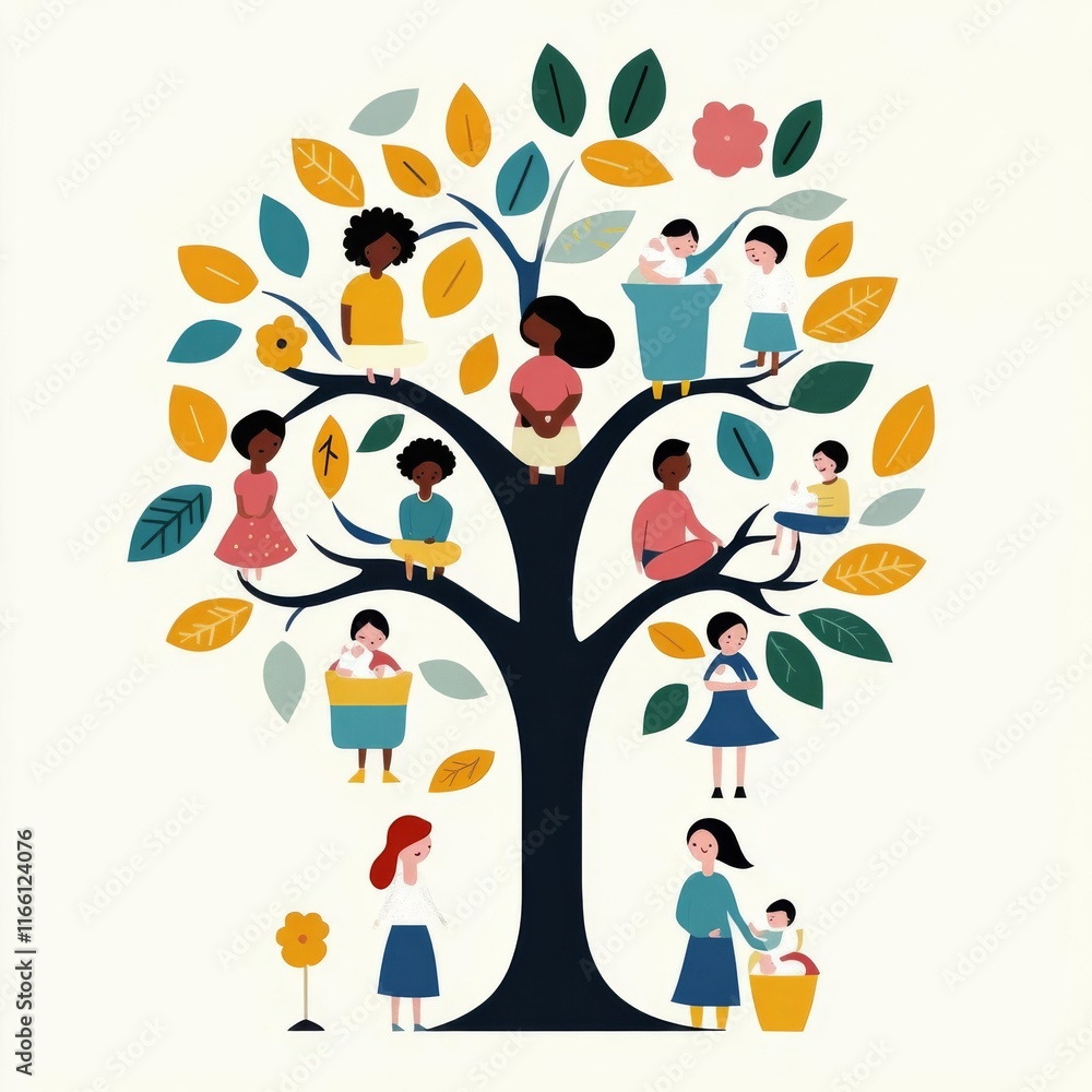 Fototapeta premium Artistic representation of a family tree with new additions, postnatal care, emotional symbolism