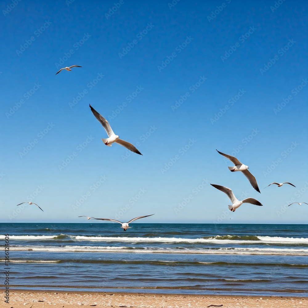 Fototapeta premium Coastal scene with seagulls flying above. 