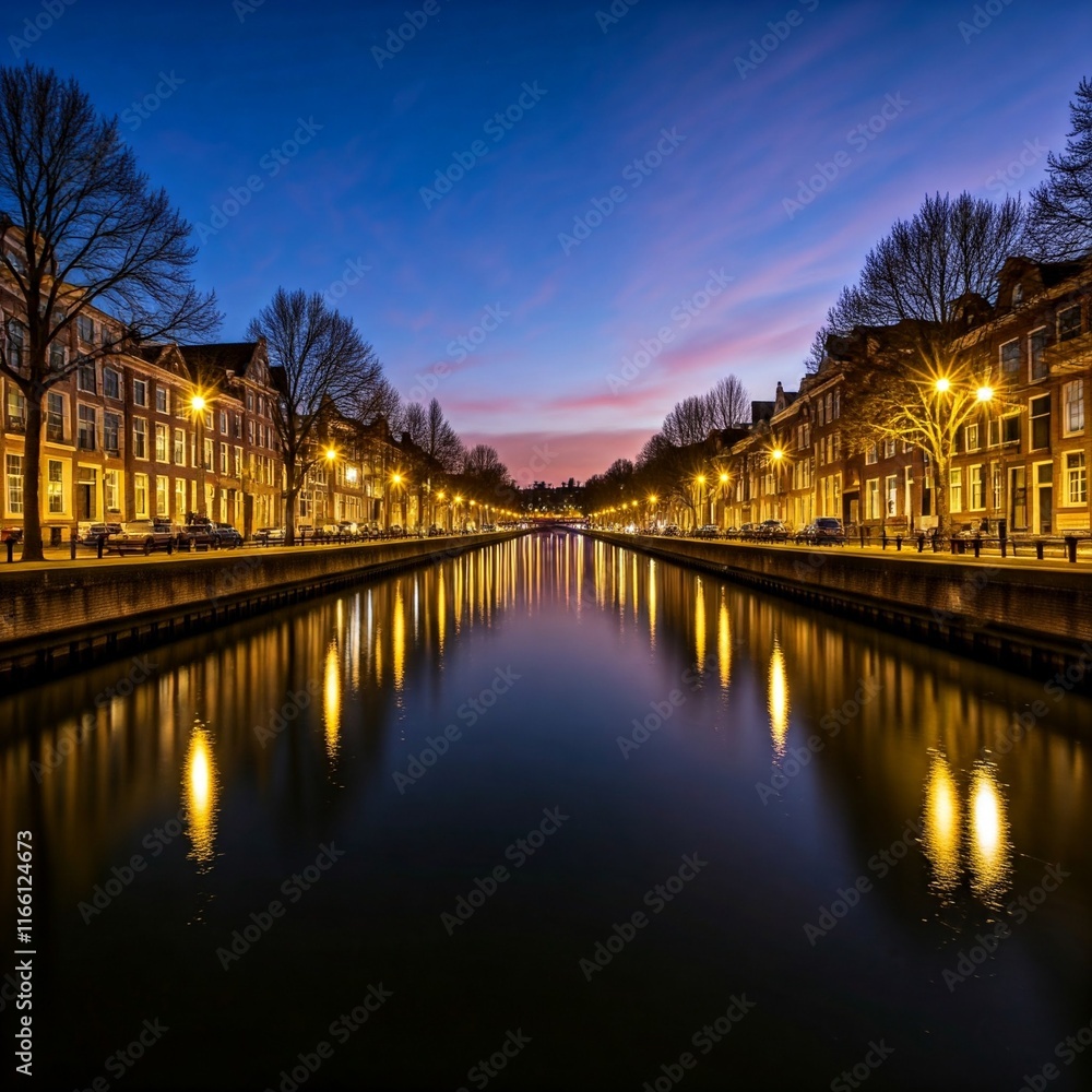 Fototapeta premium Evening lights reflecting on calm canal waters. 