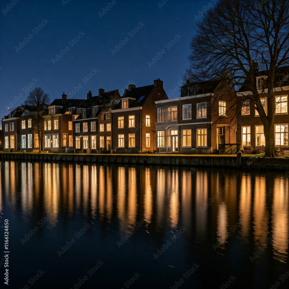 Naklejka premium Nighttime canal with lit-up houses and reflections. 