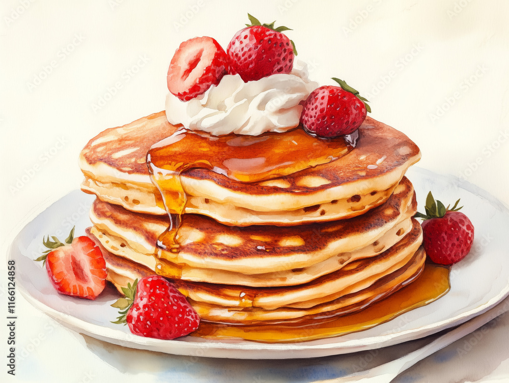 Watercolor Delicious stack of pancakes topped with whipped cream and fresh strawberries served with maple syrup on white background Watercolor Delicious stack of pancakes topped with whipped cream and fresh strawberries served with maple syrup on white background