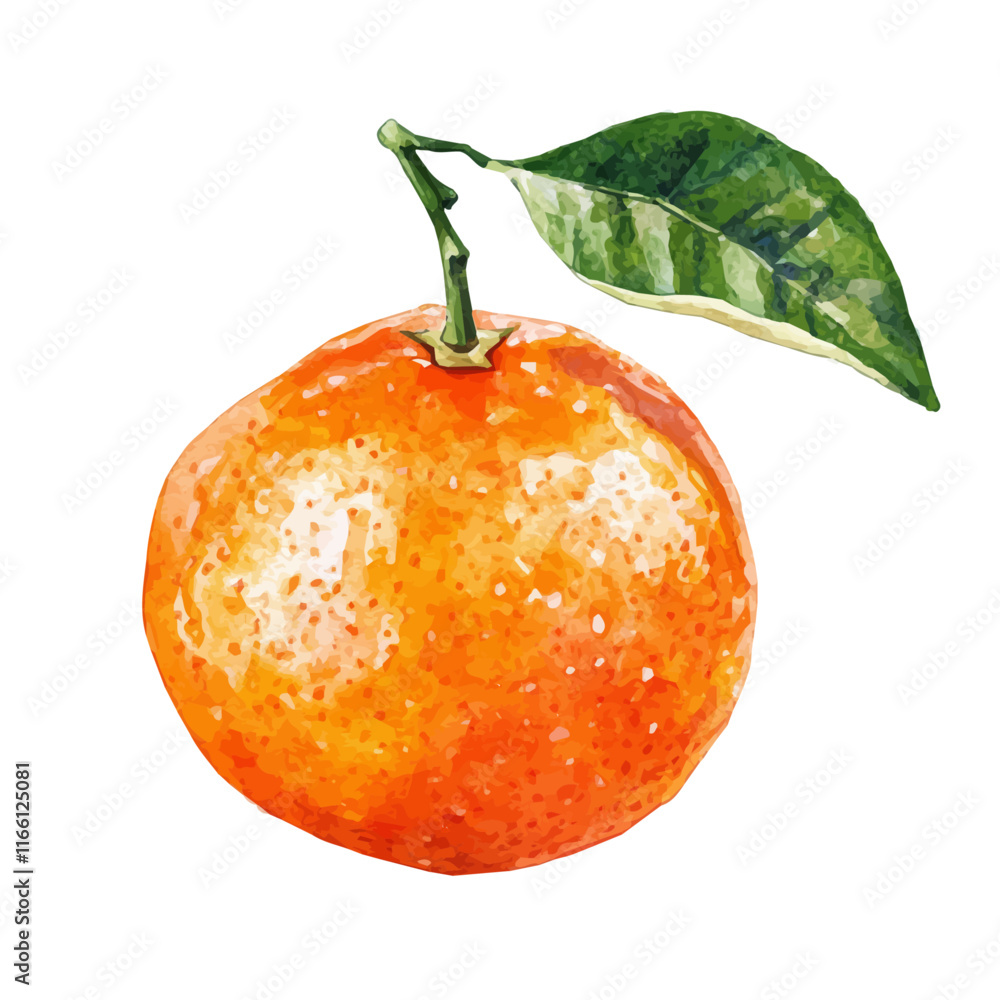 A watercolor vector painting of a tangerine, isolated on a white background. Tangerine vector.

