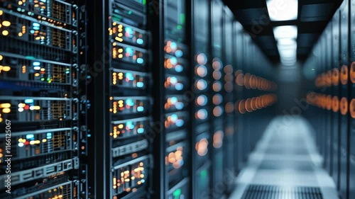 A dimly lit server room filled with rows of blinking servers