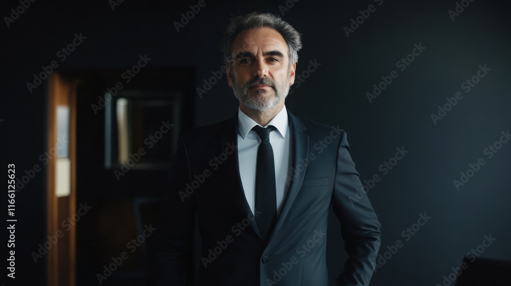 Portrait of a serious middle-aged Caucasian man in a dark suit and tie. He stands confidently against a dark background. Portrait of a serious middle-aged Caucasian man in a dark suit and tie. He stands confidently against a dark background.