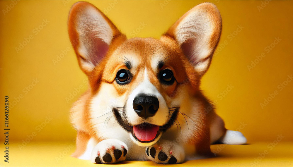 Welsh corgi isolated on yellow background with copy space. Close up portrait of happy smiling corgi dog lying on the floor. Banner for pet shop. Pet care and animals concept for poster, ads, card Welsh corgi isolated on yellow background with copy space. Close up portrait of happy smiling corgi dog lying on the floor. Banner for pet shop. Pet care and animals concept for poster, ads, card