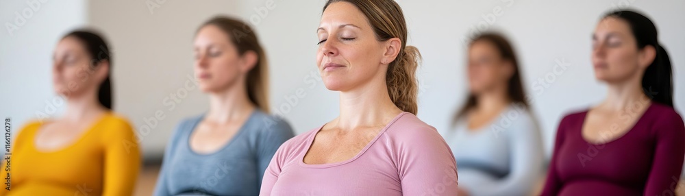 Group of mothers in a postpartum yoga class, relaxing and stretching, postnatal care, community support Group of mothers in a postpartum yoga class, relaxing and stretching, postnatal care, community support
