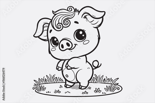 A line art illustration of a happy pig standing on grass.