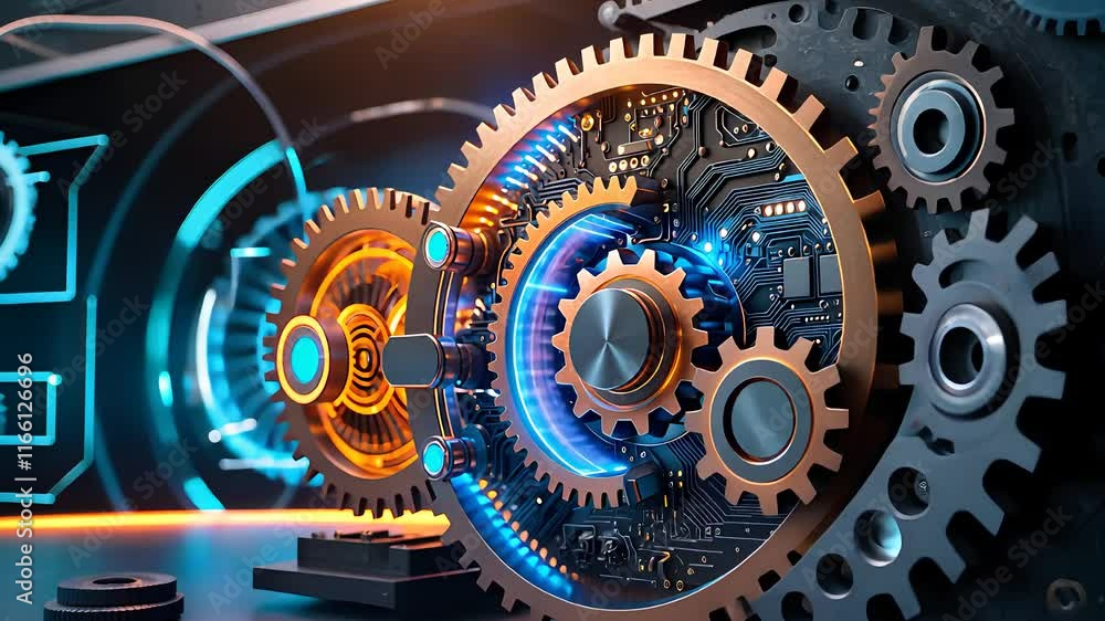 Close-Up of Interconnected Gears and Cogs with Glowing Neon Lights Showcasing Advanced Mechanical and Digital Engineering
Close-Up of Interconnected Gears and Cogs with Glowing Neon Lights Showcasing Advanced Mechanical and Digital Engineering