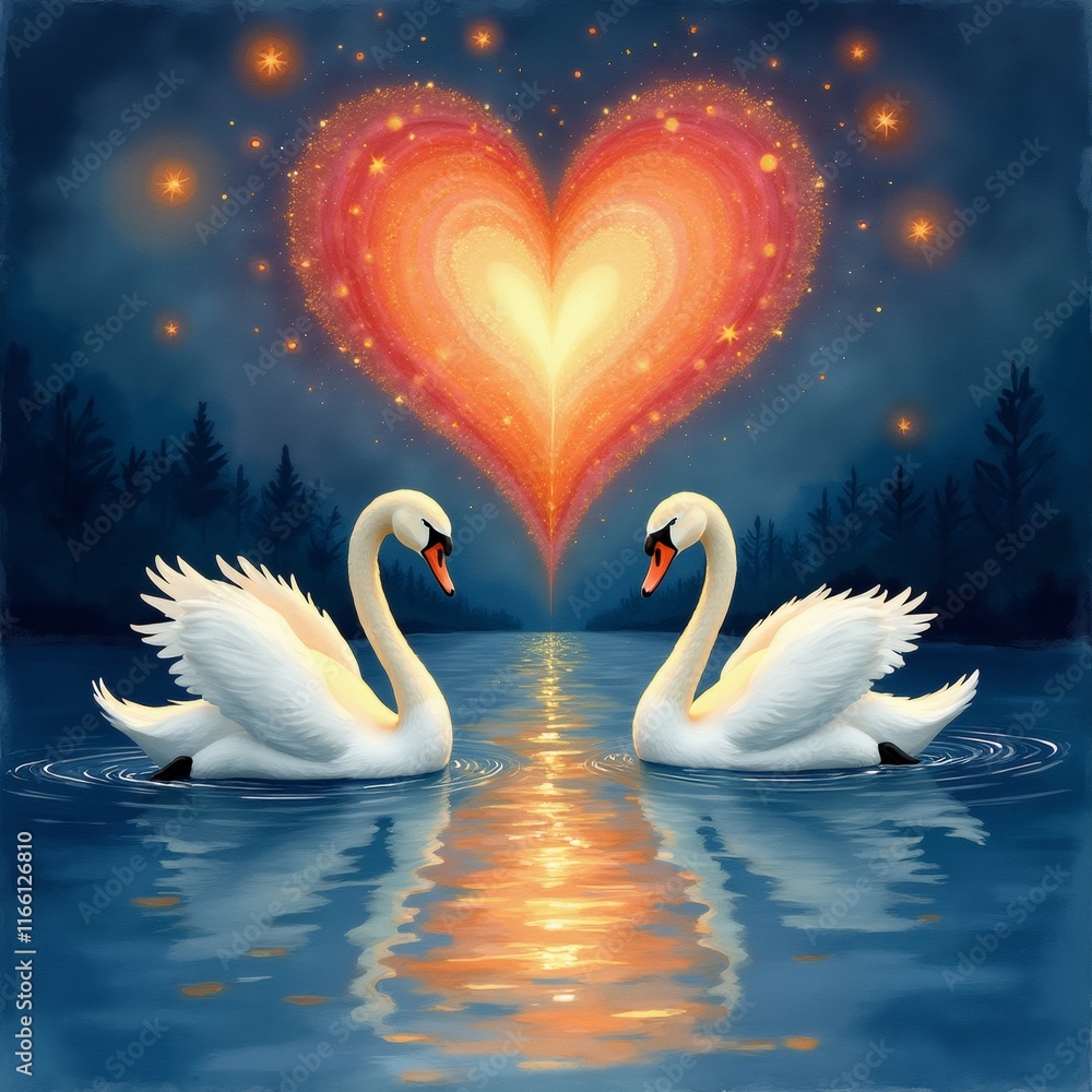 Obraz premium The image is a digital illustration of two white swans swimming in a lake at night. The swans are facing each other and their necks are intertwined as they glide gracefully through the water.