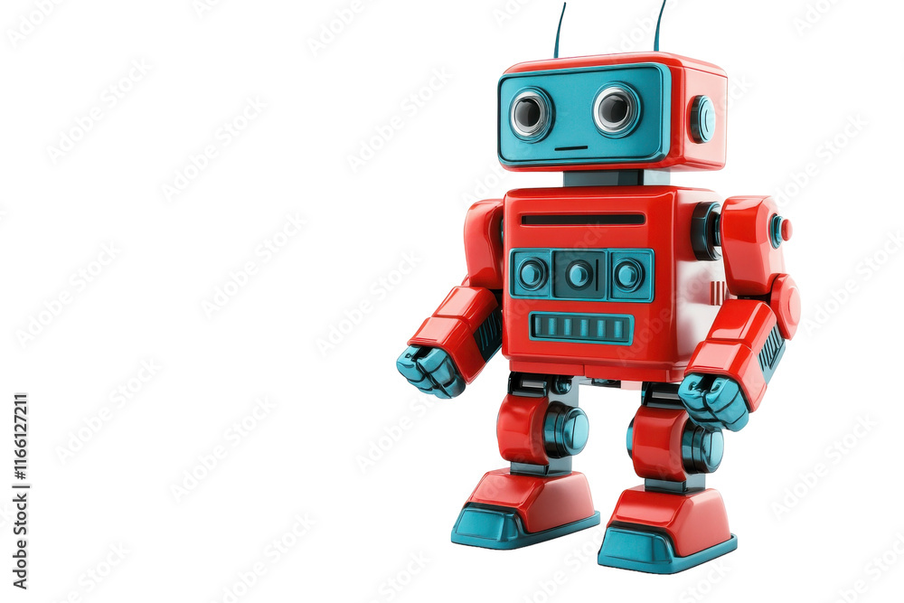 A robot toy standing on a shelf next to other action figures A robot toy standing on a shelf next to other action figures