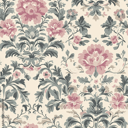 Wallpaper Mural Vintage Floral pattern with pink and green designs on a light background, featuring intricate foliage and large blossoms. Torontodigital.ca