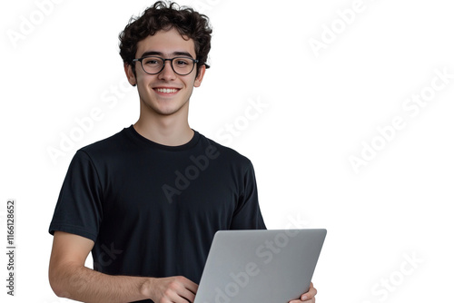 A young man with a laptop, smiling and holding a computer in his hand on a transparent background, symbolizing online work or studying. High resolution, sharp focus, no blur. photo