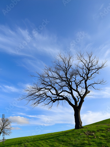 Albero ancora spoglio a inizio primavera si staglia su un cielo blu intenso con nuvole photo