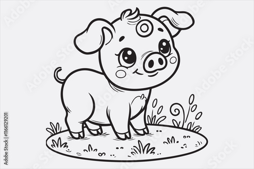 A line art illustration of a happy pig standing on grass.