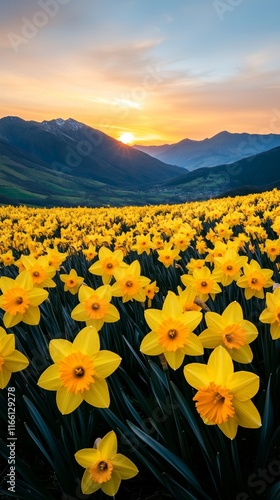 Golden sunrise over a field of daffodils, glowing with warmth and optimism, symbolizing the fresh start of March 
