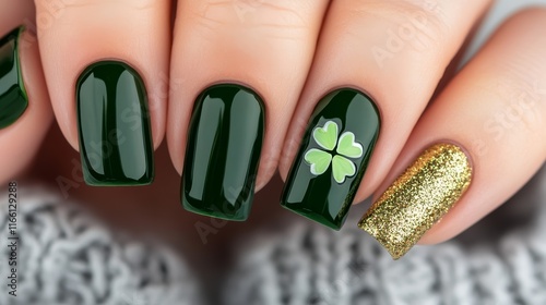 Gradient green nails transitioning from deep forest green to lime, with a gold glitter accent nail featuring a four-leaf clover, elegant and fresh  photo