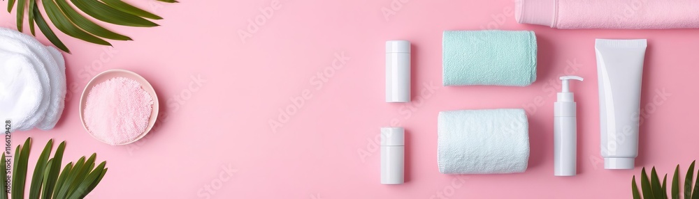 Vibrant illustration of essential postpartum items laid out aesthetically, postnatal care, organizational guide Vibrant illustration of essential postpartum items laid out aesthetically, postnatal care, organizational guide