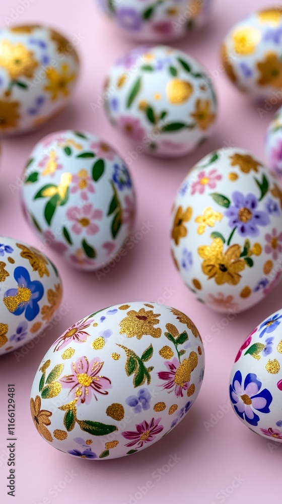 Pastel Easter eggs with intricate floral patterns scattered on a soft lavender background, some cracked with gold leaf accents, vibrant and calming Pastel Easter eggs with intricate floral patterns scattered on a soft lavender background, some cracked with gold leaf accents, vibrant and calming