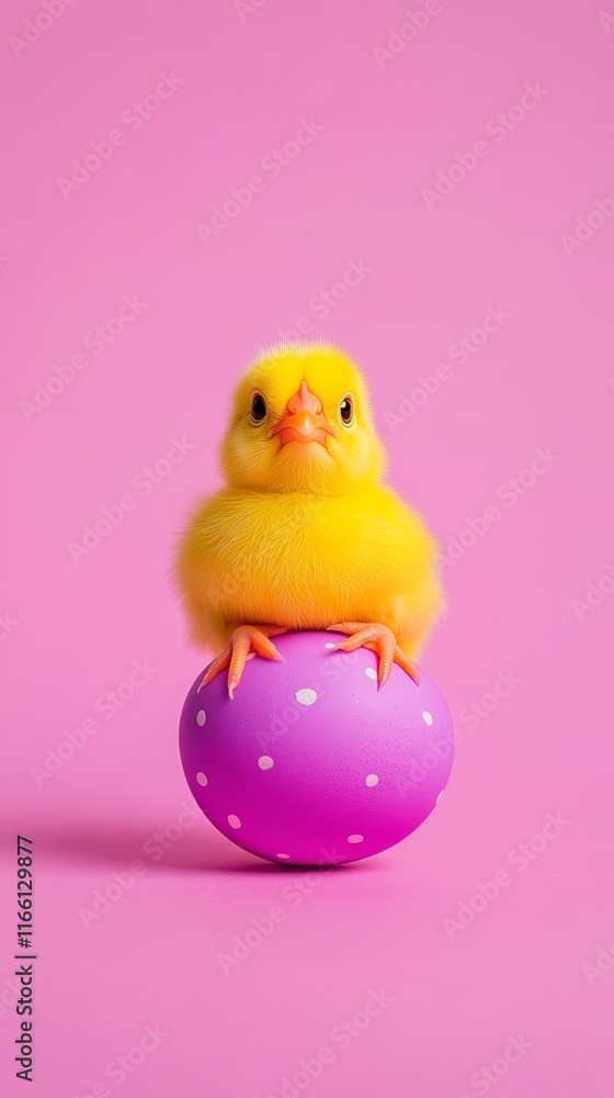Vibrant yellow chick hatching from a decorated Easter egg on a soft gradient pink-to-purple background, playful with warm tones Vibrant yellow chick hatching from a decorated Easter egg on a soft gradient pink-to-purple background, playful with warm tones