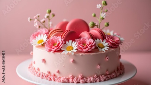 The image is of a round cake on a white cake stand. The cake is covered in a light pink frosting and is decorated with pink and white flowers and macarons.